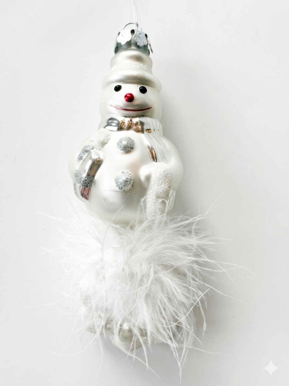 Vintage Hand Blown Glass Christmas Ornament White Snowman Glitter Feathers 5”